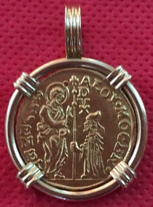 Pailletten 24-karaats gouden munt Aloy Mocen Italië Venetië, Handtassen en Accessoires, Antieke sieraden, Hanger, Goud, Ophalen