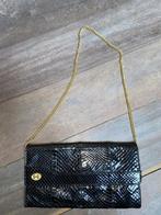 Zwarte leren etui crocostijl gouden ketting vintage 27cm, Verzenden, Gebruikt, Zwart, Avondtasje