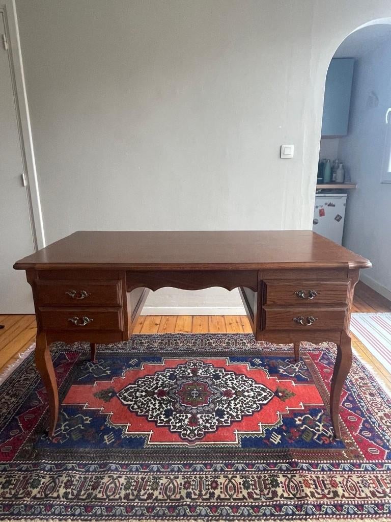Donker massief houten bureau met laden, Ophalen, Gebruikt, 64 cm, Hout
