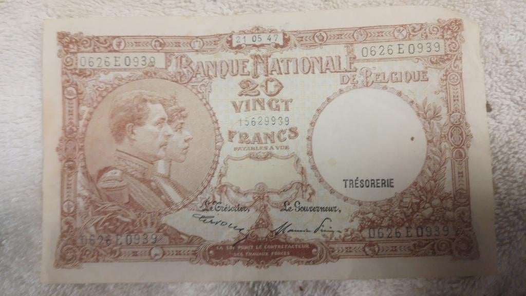 Belgium 20 frank billet 1947, Ophalen