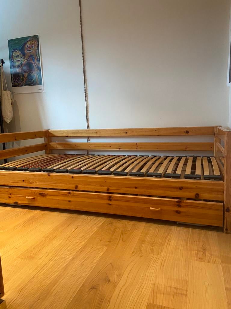 Eenpersoonsbed inclusief lade met logeerbed, Huis en Inrichting, Slaapkamer | Bedden, Ophalen, Gebruikt, 90 cm, Scandinavisch