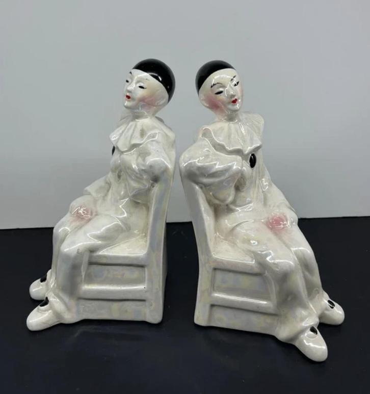 Set 2x keramische boeksteunen pierrot clowns, Verzamelen, Beelden en Beeldjes, Zo goed als nieuw, Mens, Ophalen of Verzenden