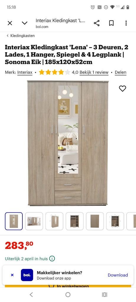 Kleerkast 3 deuren 2 schuiven 1 spiegel, Huis en Inrichting, Kasten | Schoenenkasten, Ophalen