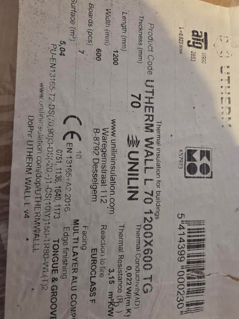 480 m2 Unilin Utherm Wall 7 cm, Doe-het-zelf en Bouw, Isolatie en Afdichting, Ophalen