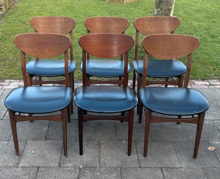 6 vintage stoelen, teak en skai, deense design, Huis en Inrichting, Stoelen, Gebruikt, Vijf, Zes of meer stoelen, Hout, Bruin