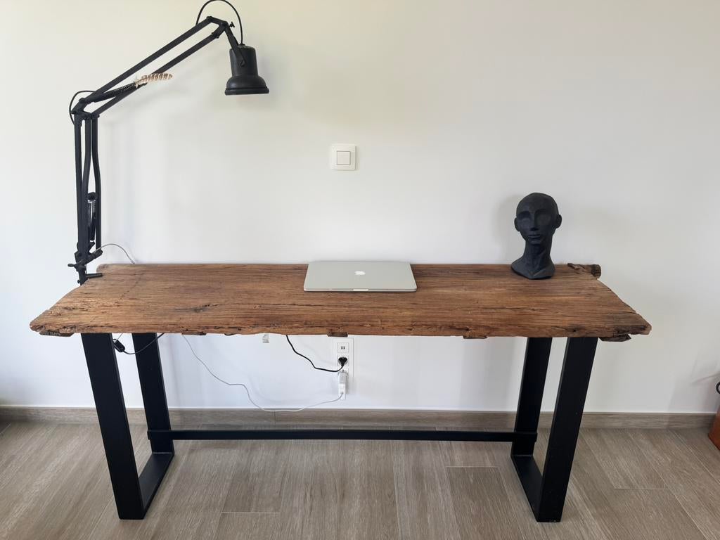 Uniek Industrieel Bureau - Massief Eiken &Gepoedercoat Staal, Industrieel, Ophalen, Zo goed als nieuw, Zwart