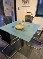 Vierkante glazen tafel incl stoelen (ook apart te koop), Ophalen, Gebruikt, Vierkant, Glas