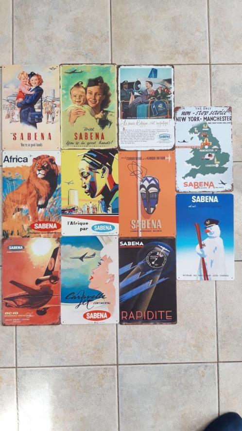 11 affiches publicitaires emblématiques SABENA en tôle, Collections, Aviation, Comme neuf, Carte, Photo ou Gravure, Enlèvement ou Envoi