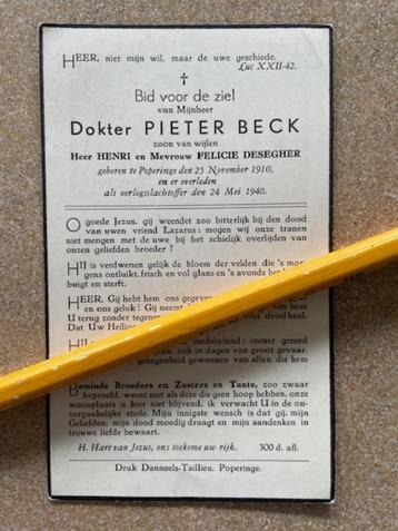 Oorlogsslachtoffer MEI 1940 Dokter  Pieter BECK  Poperinge beschikbaar voor biedingen