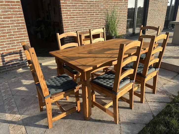 Massieve houten eettafel met 6 stoelen – landelijke stijl, Huis en Inrichting, Tafels | Eettafels, Zo goed als nieuw, 50 tot 100 cm