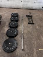 150kg Titan Bumperplates + Barbell 220cm , Opbergrek, Sport en Fitness, Ophalen, Gebruikt, Halterschijven