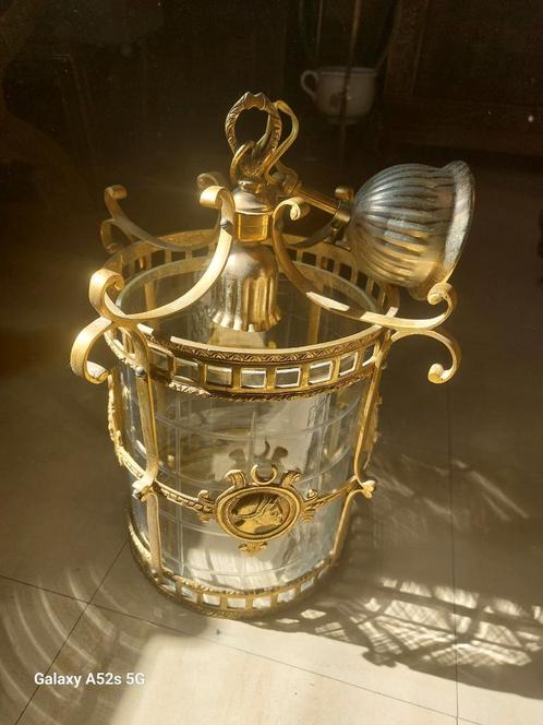 Mooie oude bronze hanglamp, Maison & Meubles, Lampes | Lustres, Utilisé, Verre, Métal, Enlèvement ou Envoi