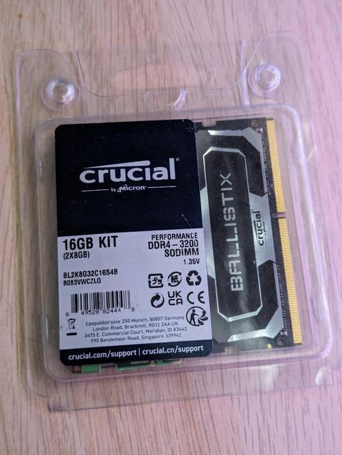 Crucial Ballistix 16GB BL2K8G32C16S4B 3200 MHz, DDR4, DRAM, Computers en Software, RAM geheugen, Zo goed als nieuw, Laptop, 16 GB