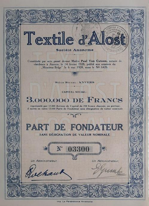 Textile d'Alost - Anvers - 1928 - part de fondateur, Postzegels en Munten, Aandelen en Waardepapieren, Aandeel, 1920 tot 1950