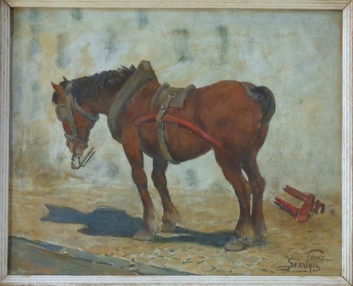 FRANZ SERVAIS / WERKPAARD / OLIEVERF PANEEL / 59x59cm KADER, Antiek en Kunst, Kunst | Schilderijen | Klassiek, Ophalen of Verzenden