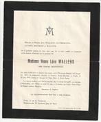 Faire-part décès Mme Veuve WALLENS née MANSHOF Uccle 1951, Carte de condoléances, Envoi