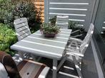 Tuintafel + 4 stoelen met kussens, Tuin en Terras, Ophalen, 4 zitplaatsen, Kunststof, Gebruikt