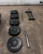 150kg Titan Bumperplates + Opbergrek en Olympische Barbell, Ophalen, Gebruikt, Halterschijven