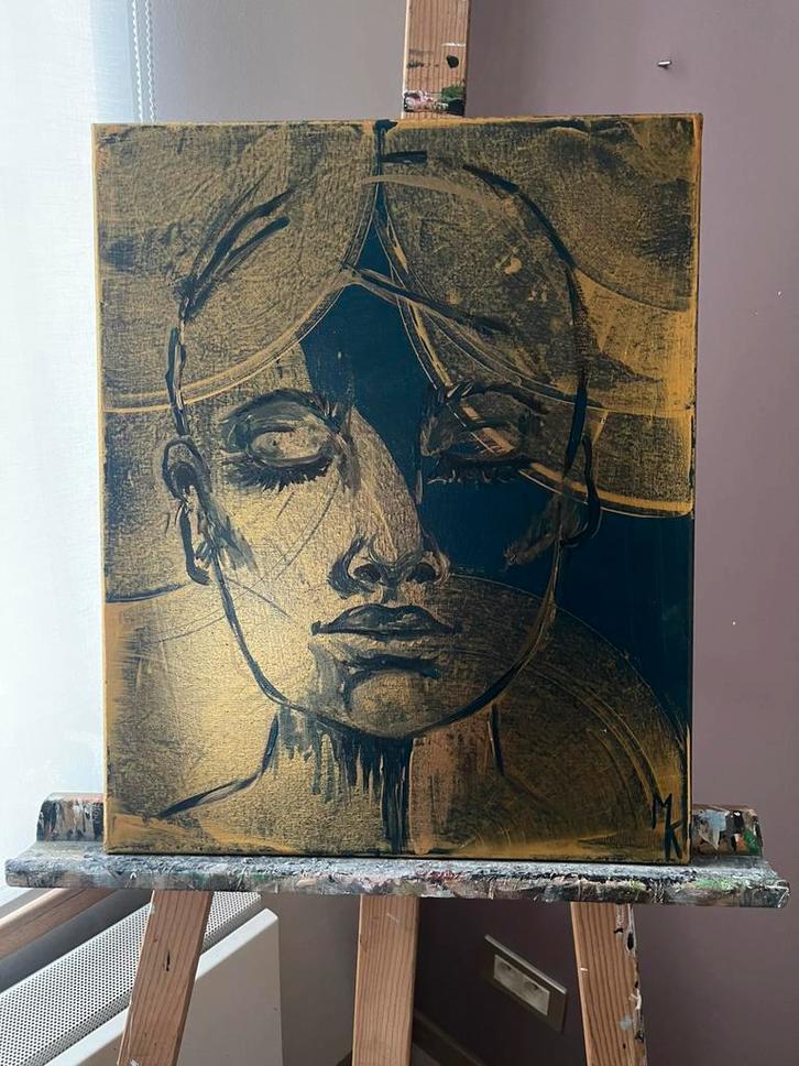 Abstract schilderij golden face Mk Art, Antiek en Kunst, Kunst | Schilderijen | Abstract, Ophalen of Verzenden