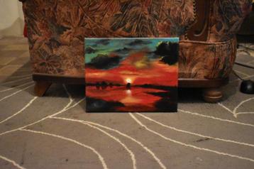 Schilderij met rode zonsondergang, gesigneerd Joky Kamo