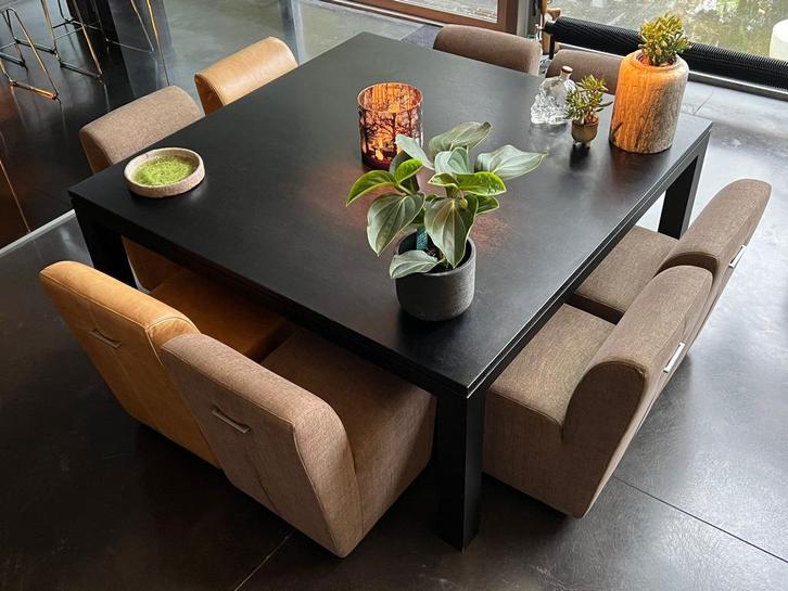Eetkamer STOELEN te koop (8stuks)., Huis en Inrichting, Stoelen, Zo goed als nieuw, Vijf, Zes of meer stoelen, Leer, Stof, Bruin