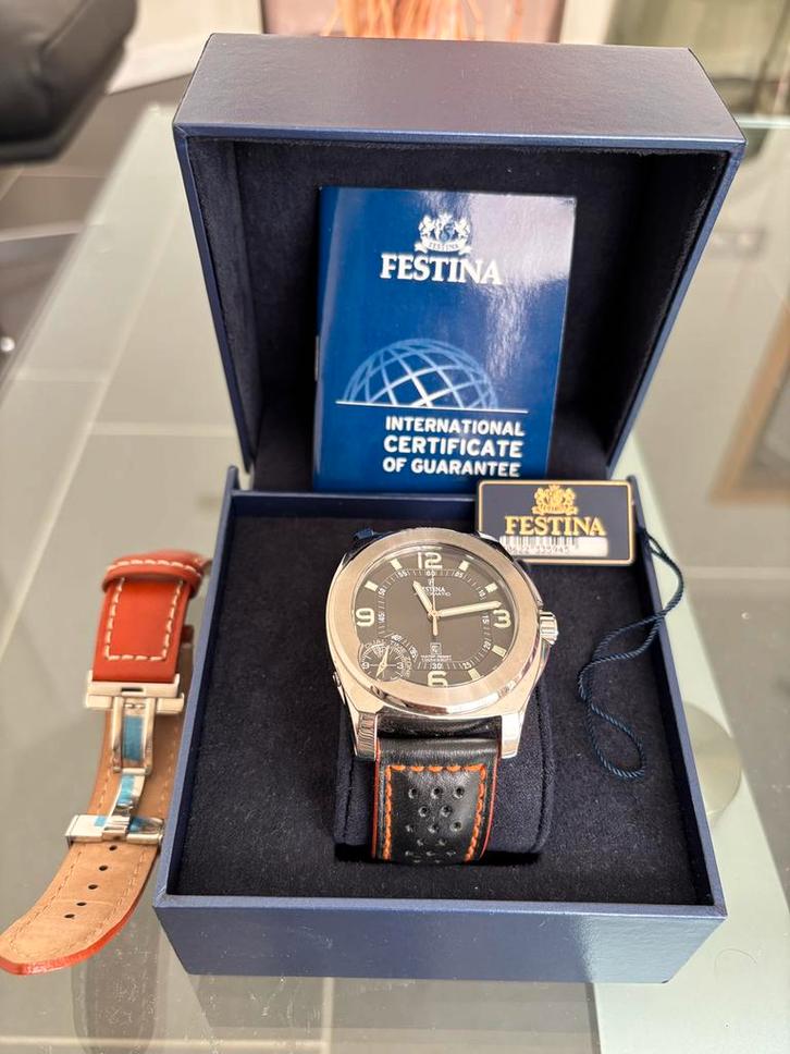 Festina Manhattan dual time automatique vintage, Handtassen en Accessoires, Horloges | Heren, Gebruikt, Polshorloge, Staal, Leer