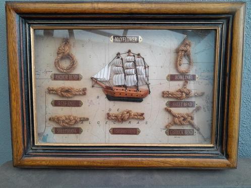 Wandbord hout - Boot Mayflower en knopen, Antiek en Kunst, Antiek | Wandborden en Tegels, Ophalen of Verzenden