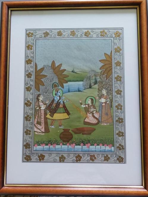 Indisch Rajasthani schilderij op zijde Krishna en Radha, Antiek en Kunst, Kunst | Schilderijen | Klassiek, Ophalen of Verzenden