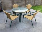 Set glazen tuintafel + 4 stoelen, Tuin en Terras, Tuintafels, Ophalen, Gebruikt, Rond, Overige materialen