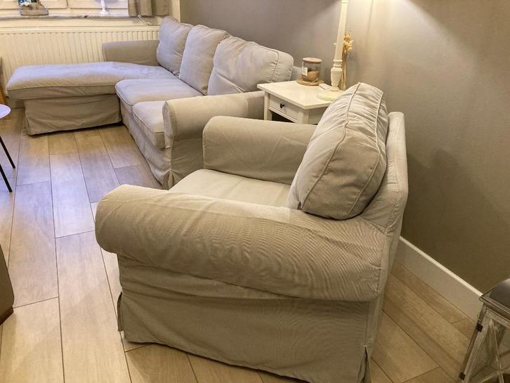 zetels: 3-zit met chaise lounge en 1-zit (Ektrop), Huis en Inrichting, Zetels | Zetels, Gebruikt, Vierpersoons of meer, Ophalen