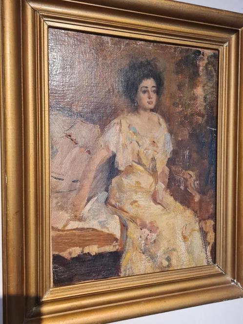 Groot schilderij uit de 19e - begin 20e eeuw - Elegant in ee, Antiek en Kunst, Kunst | Schilderijen | Klassiek, Verzenden
