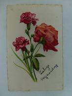 oude prentkaart bloemen anjers roos, Gelopen, Overige thema's, Verzenden