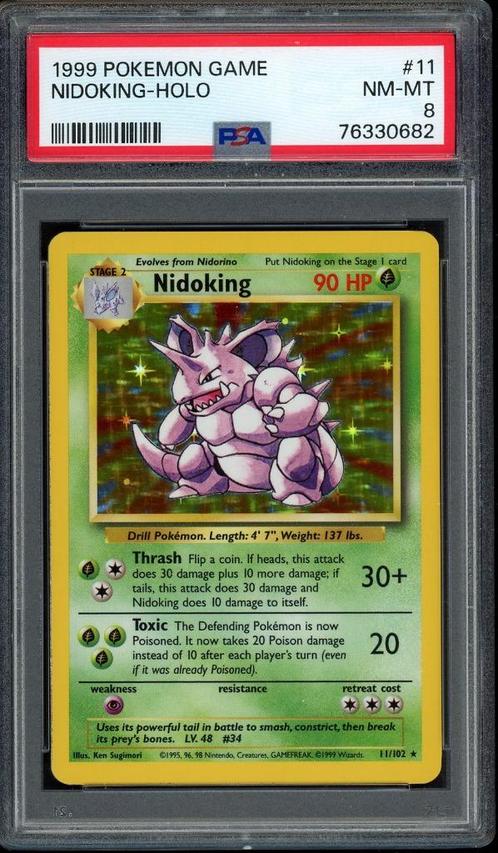 Nidoking Holo PSA 8 - 11/102 - Base Set 1999, Hobby en Vrije tijd, Verzamelkaartspellen | Pokémon, Zo goed als nieuw, Losse kaart