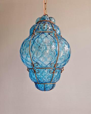 Grote Venetiaanse hanglamp in blauw Murano-glas