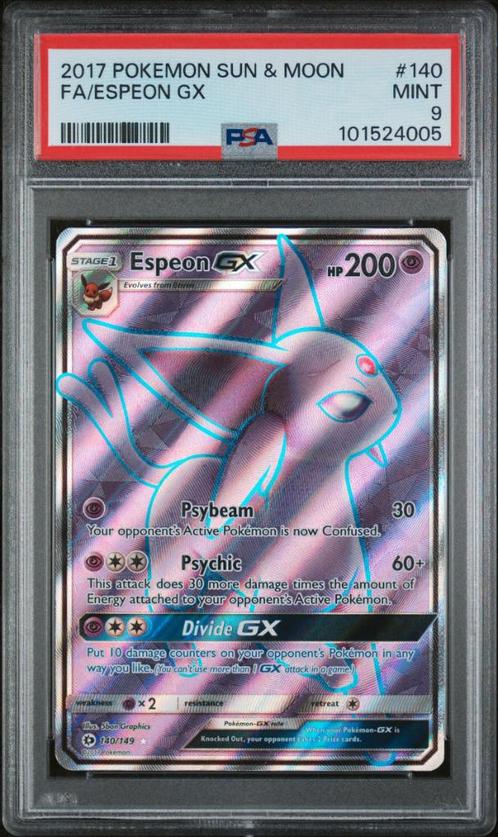 Espeon GX #140 Pokemon Sun & Moon | PSA 9 |, Hobby en Vrije tijd, Verzamelkaartspellen | Pokémon, Zo goed als nieuw, Losse kaart