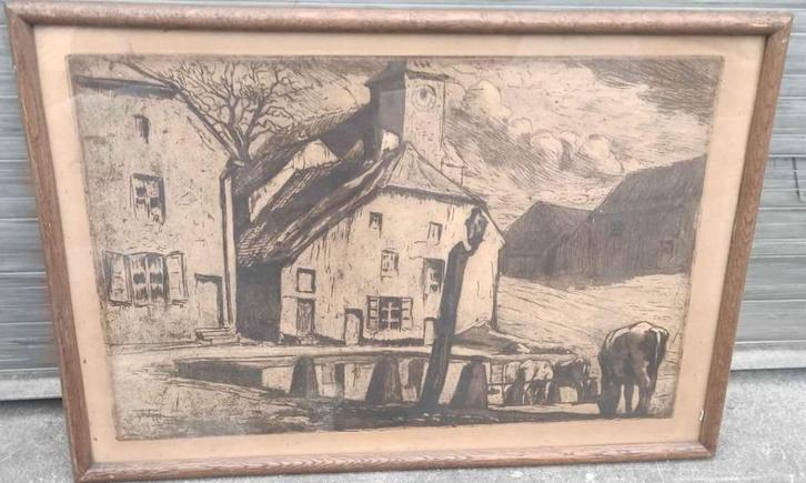 Gravure abreuvoir signe j philippe, Antiek en Kunst, Kunst | Etsen en Gravures, Ophalen of Verzenden