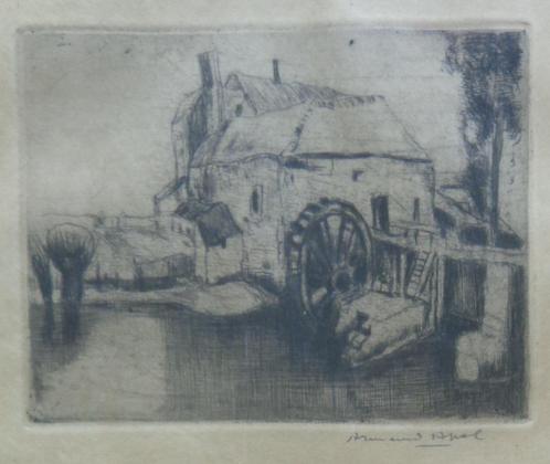 ARMAND APOL / DE WATERMOLEN / ZW-W ETS / 24x22cm / KADER SIG, Antiek en Kunst, Kunst | Etsen en Gravures, Ophalen of Verzenden