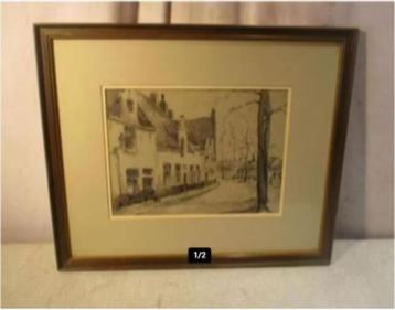 Mooie Tekening 'De Dorpsstraat' - 44x37 beschikbaar voor biedingen