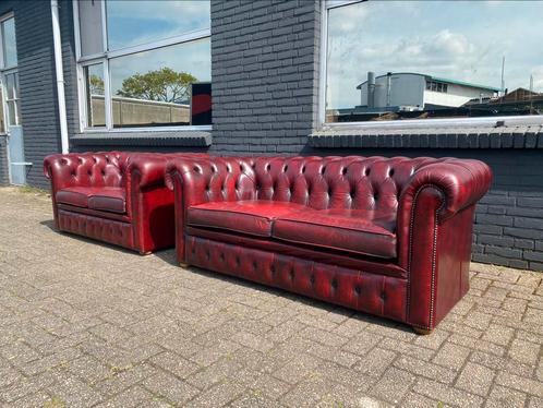 Chesterfield 3+2 zit zetels oxblood rood GRATIS GELEVERD!, Maison & Meubles, Canapés | Repose-pieds & Poufs, Cuir, Enlèvement ou Envoi