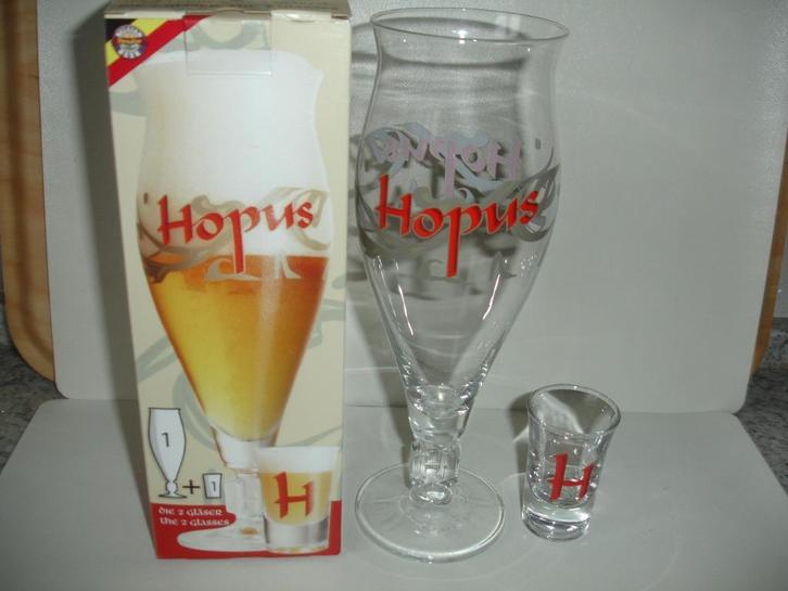Hopus bierglas + shotglaasje in verzameldoos voor € 3,00, Verzamelen, Biermerken, Nieuw, Glas of Glazen, Overige merken, Ophalen of Verzenden