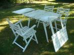 table de jardin Vintage + 2 allonges + 3 fauteuils pliants, Tuin en Terras, Tuintafels, Gebruikt, Rechthoekig, Hout, Ophalen