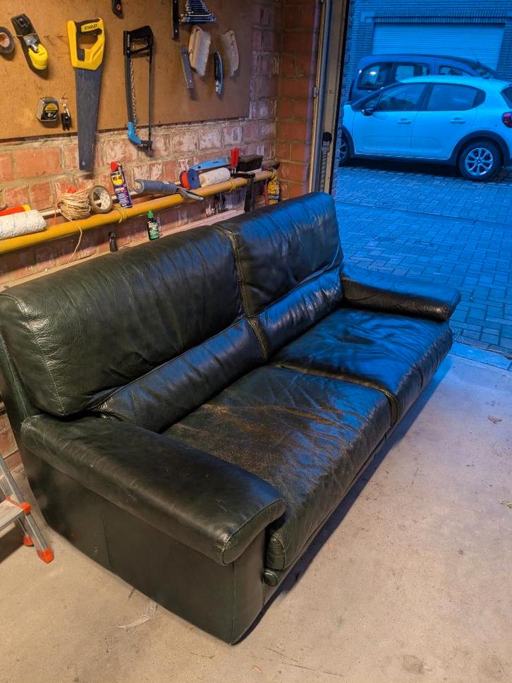 Flessengroene leren bank, Huis en Inrichting, Zetels | Zetels, Gebruikt, Rechte bank, Driepersoons, 150 tot 200 cm, 75 tot 100 cm