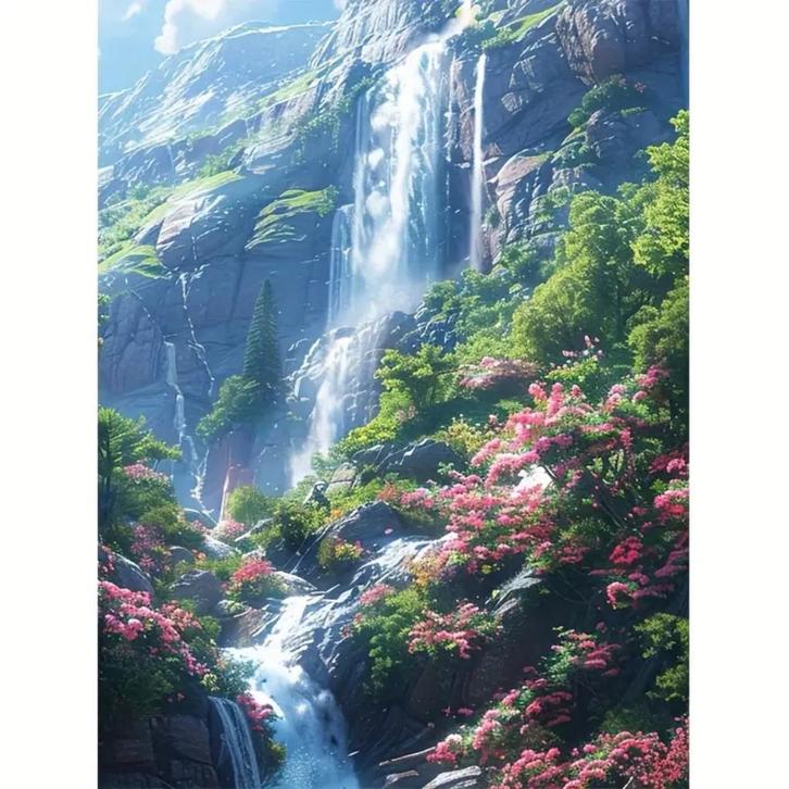 Diamond Painting watervallen roze struiken 30x20cm, Hobby en Vrije tijd, Knutselen, Nieuw, Knutselwerk, Verzenden