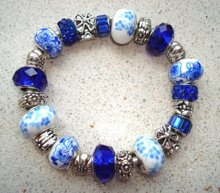 Armband Delfts Blauw met molens PSE069a, Handtassen en Accessoires, Armbanden, Nieuw, Elastiek, Blauw, Met bedels of kralen, Met strass