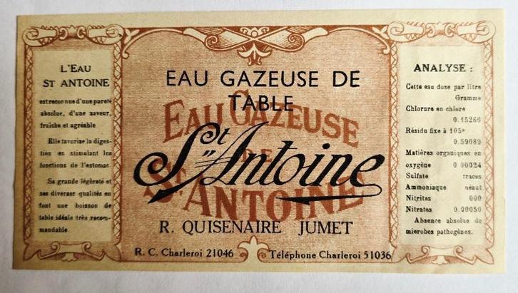 Eau Gazeuse St Antoine Jumet Etiquette Mineral Water Label61, Verzamelen, Biermerken, Zo goed als nieuw, Overige typen, Overige merken