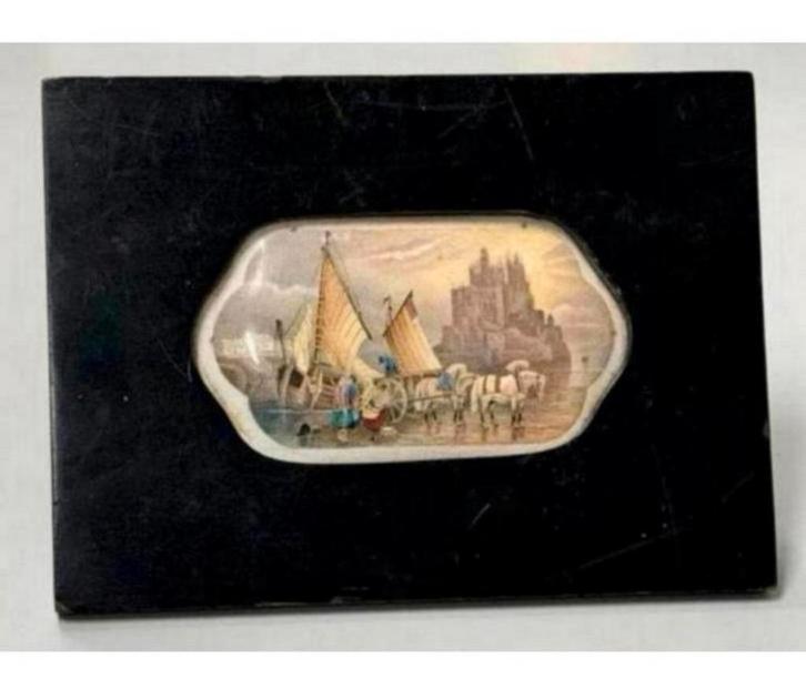 Antiek porselein kunst-art bordje in lijst - schip kasteel, Antiek en Kunst, Curiosa en Brocante, Ophalen of Verzenden