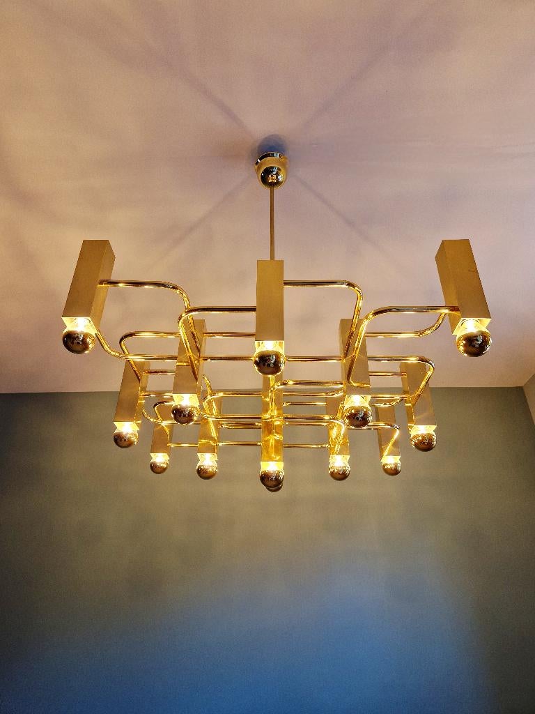 Grote geometrische koperen kroonluchter, G. Sciolari,1970-80, Ophalen