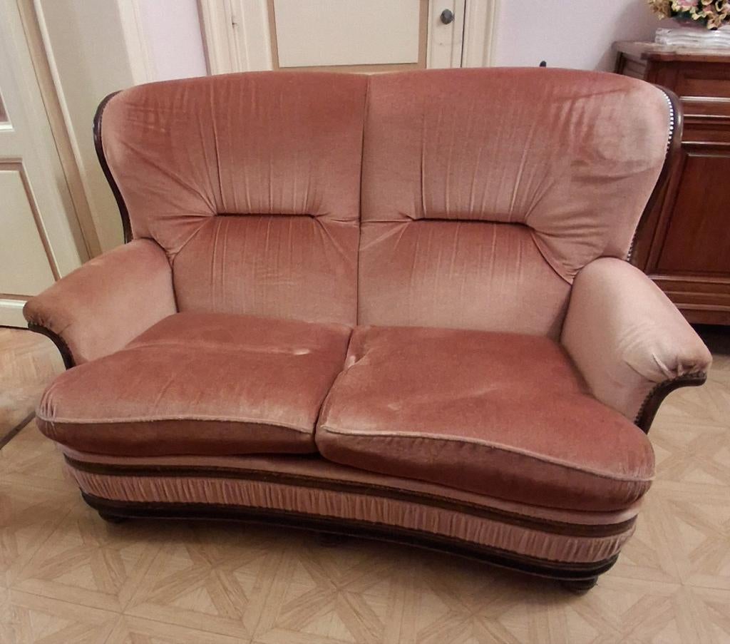 Canapé 2 place + 1 club en velour rose, Enlèvement, Bois