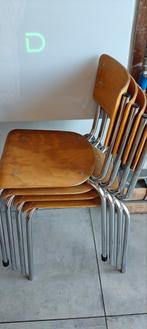 4 schoolstoelen in plywood. Mooie cognac kleur, Huis en Inrichting, Ophalen, Gebruikt, Bruin, Vier