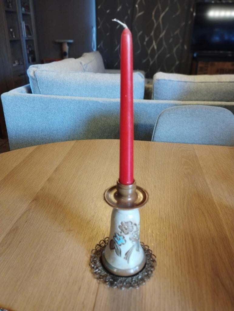 Porte bougie vintage en laiton et porcelaine + bougie, Enlèvement, Comme neuf, Bougie